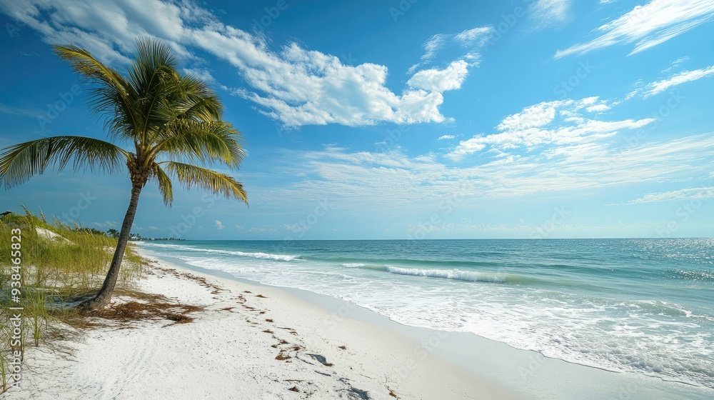Classic Florida beach scene with white sand, gentle waves, and palm trees swaying in the breeze under a bright blue sky, ideal for a tropical vibe Classic Florida beach scene with white sand, gentle waves, and palm trees swaying in the breeze under a bright blue sky, ideal for a tropical vibe