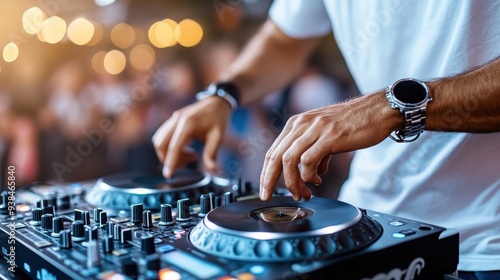 Close-up of a DJ adjusting the settings on turntables while focusing intently on the music at an event, with bokeh lights creating a festive ambiance in the backdrop. photo