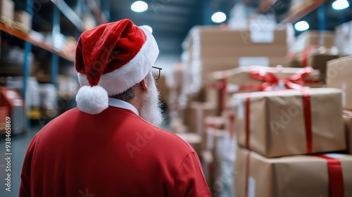 A man dressed in a Santa hat and red attire stands in a warehouse filled with Christmas gifts, focusing on the boxes wrapped in vibrant red ribbons, symbolizing holiday preparations. photo