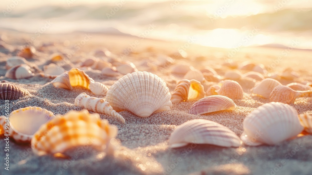 Close-up of seashells scattered across a sunlit beach, with soft, textured sand in the background, perfect for a peaceful, natural backdrop Close-up of seashells scattered across a sunlit beach, with soft, textured sand in the background, perfect for a peaceful, natural backdrop