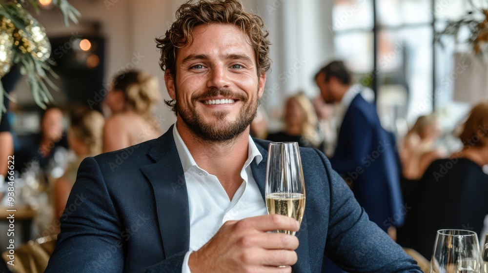 A man wearing formal attire is seen in a restaurant, raising a champagne glass with a smile. The background includes people and festive decorations, highlighting a celebratory atmosphere. A man wearing formal attire is seen in a restaurant, raising a champagne glass with a smile. The background includes people and festive decorations, highlighting a celebratory atmosphere.