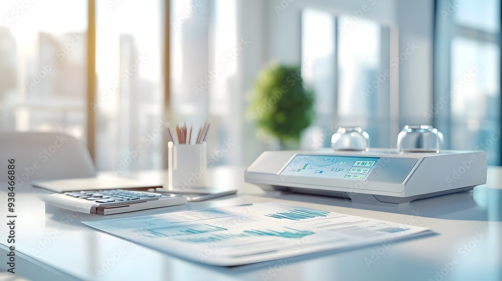 Modern Office Desk with Financial Data and Charts Modern Office Desk with Financial Data and Charts