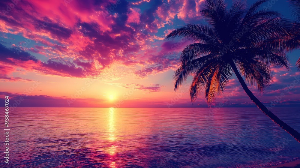 Palm tree silhouette against a vibrant sunset over a tropical beach, with rich colors reflecting on the calm ocean waters, ideal for summer themes Palm tree silhouette against a vibrant sunset over a tropical beach, with rich colors reflecting on the calm ocean waters, ideal for summer themes
