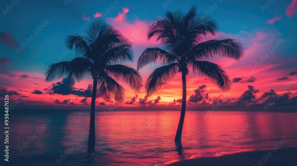 Palm tree silhouette against a vibrant sunset over a tropical beach, with rich colors reflecting on the calm ocean waters, ideal for summer themes Palm tree silhouette against a vibrant sunset over a tropical beach, with rich colors reflecting on the calm ocean waters, ideal for summer themes