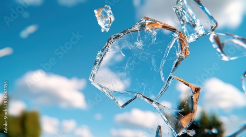 Distinct chunks of broken glass appear to float against a bright blue sky with fluffy white clouds, symbolizing a collision between fragility and the expanse of openness. photo