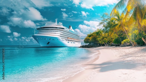 Cruise ship docked at a tropical island, with palm trees and white sand beaches in the background, offering a perfect vacation escape