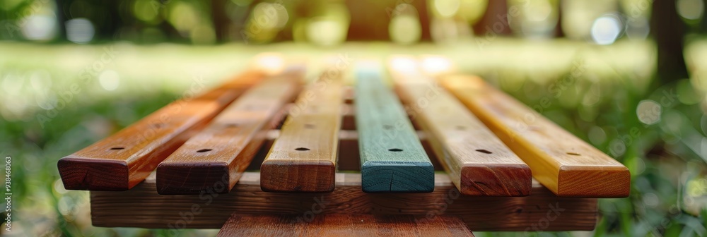 Wooden Xylophone Close-Up in Outdoor Music Area for Children's Musical Engagement Wooden Xylophone Close-Up in Outdoor Music Area for Children's Musical Engagement
