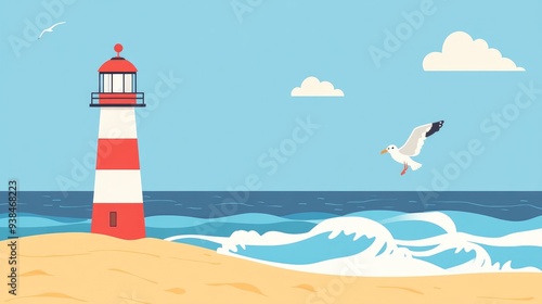 Minimalistic beach clipart with a lighthouse, waves, and a seagull, perfect for nautical-themed designs and beach branding