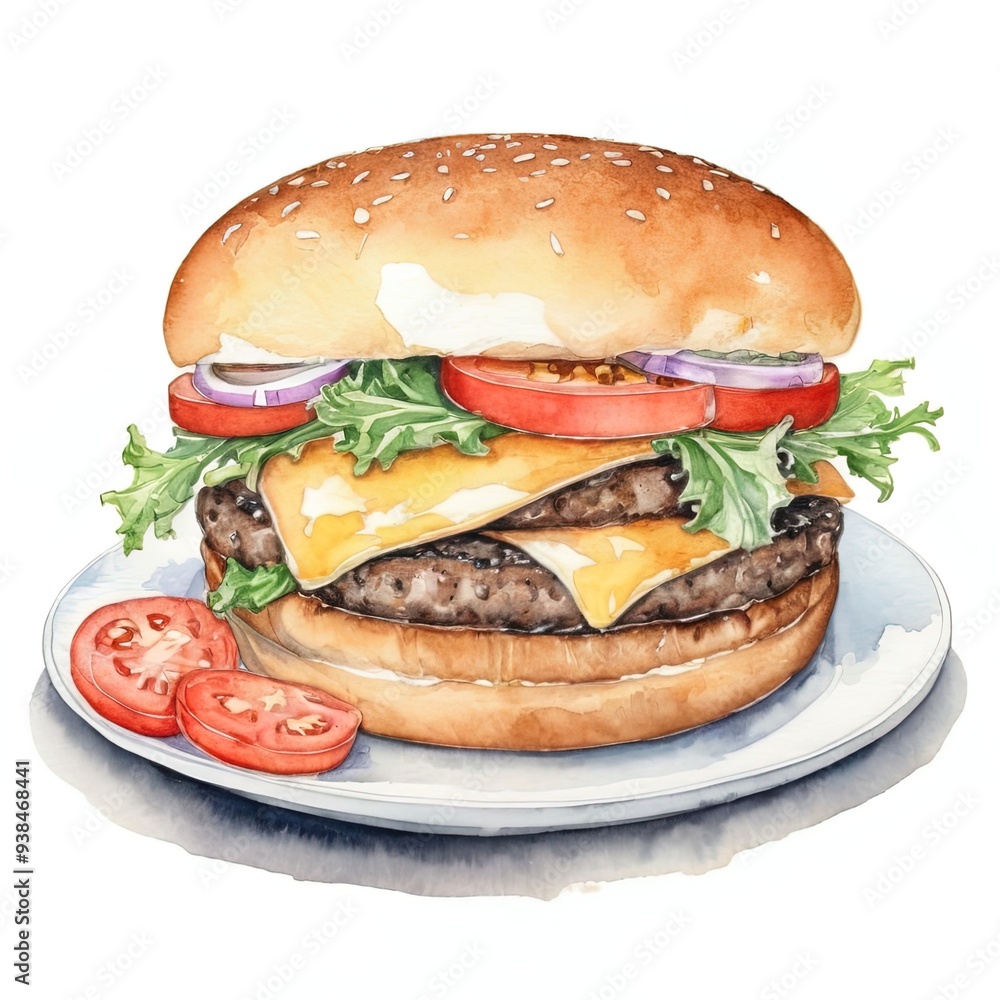 Watercolor painting of a juicy cheeseburger on a plate. Watercolor painting of a juicy cheeseburger on a plate.