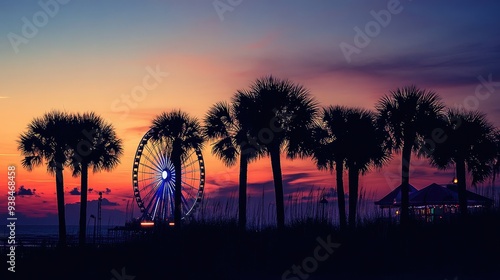 Sunset at Myrtle Beach with silhouettes of palm trees, the Ferris wheel, and the soft glow of the evening sky, offering a relaxing scene