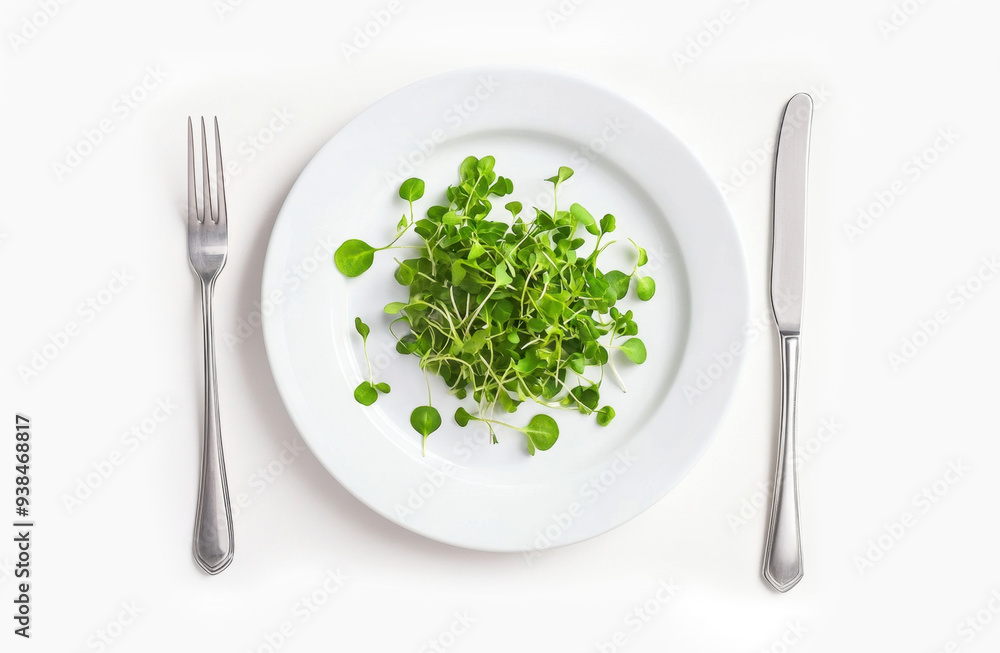 Top view of plate with fresh microgreens, knife and fork on a white background. Vegetarian healthy eating and nutrition concept Top view of plate with fresh microgreens, knife and fork on a white background. Vegetarian healthy eating and nutrition concept