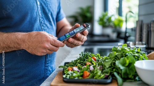 An individual dressed casually is interacting with a smartphone while engaging in the preparation of leafy greens in a kitchen setting, likely referencing a recipe or food app. photo