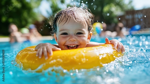 A laughing child floats in a swimming pool on a bright yellow swim ring. The scene is vibrant, full of energy and happiness, capturing the essence of childhood joy and playfulness. photo