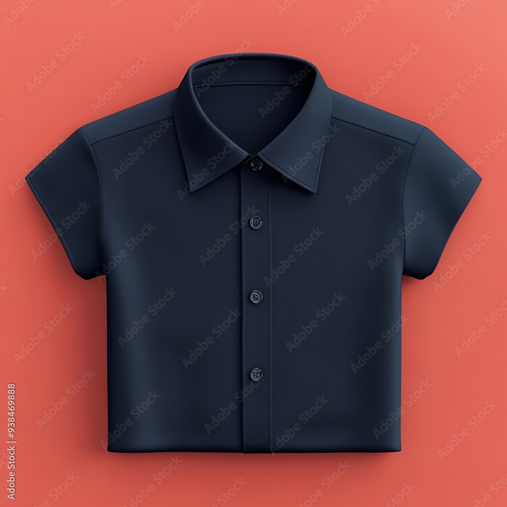 A navy blue collared shirt with short sleeves on a coral background. A navy blue collared shirt with short sleeves on a coral background.