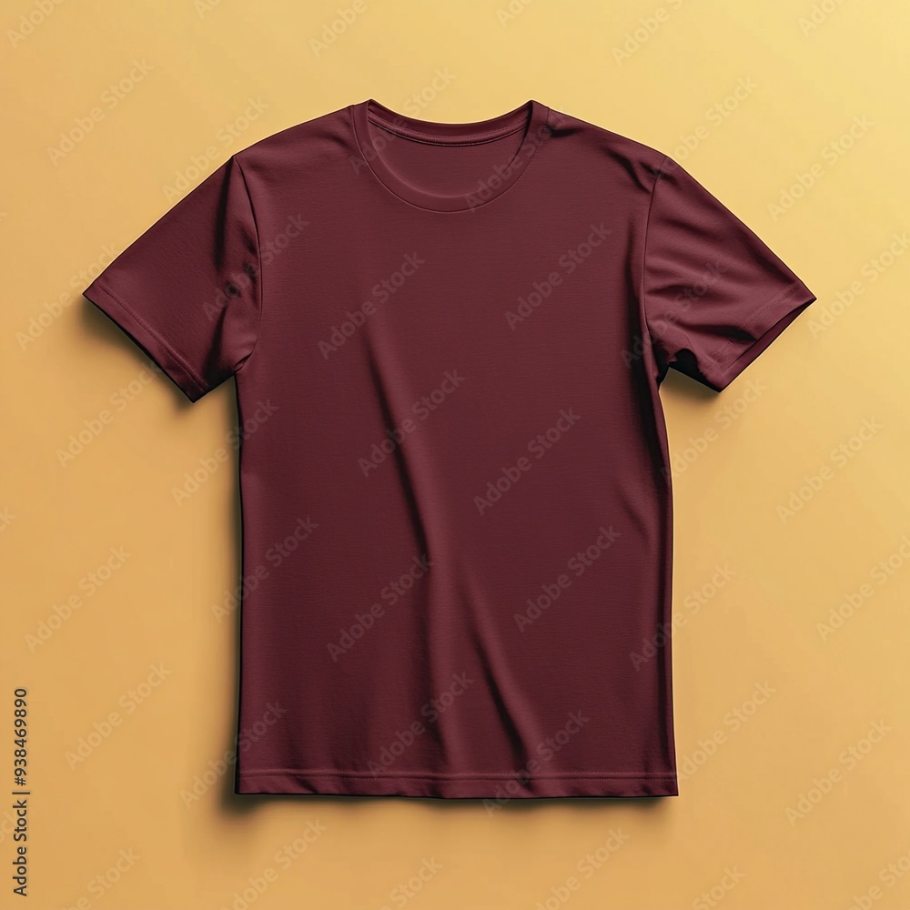 A maroon t-shirt laid flat on a yellow background. A maroon t-shirt laid flat on a yellow background.