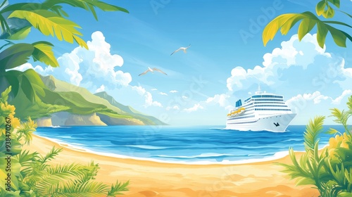 Cruise flyer with a scenic coastal view, a ship approaching the shore, and clear blue skies, perfect for a relaxing and serene vacation promotion photo