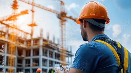 A construction worker, with safety gear including a hard hat, is surveying a large building site under construction, ensuring the project progresses as planned.