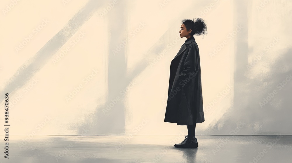 An understated, minimalist illustration of a person standing with a calm, confident posture, wearing a demure outfit in monochrome tones An understated, minimalist illustration of a person standing with a calm, confident posture, wearing a demure outfit in monochrome tones