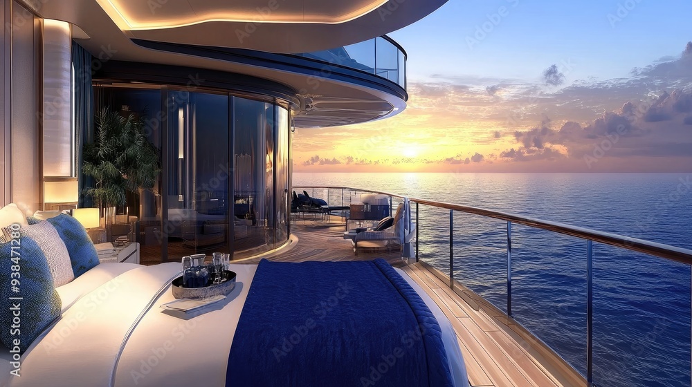 Fototapeta premium Luxurious Royal Caribbean suite with a private balcony overlooking the ocean, ideal for showcasing the comfort and elegance of cruise travel