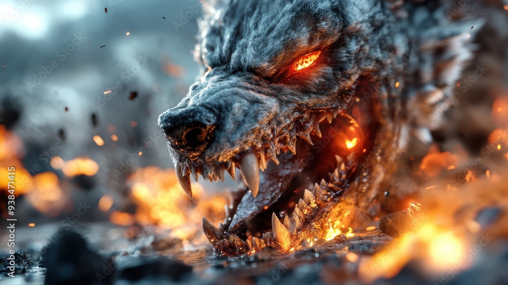 A terrifying infernal wolf with glowing eyes and sharp teeth emerges from a blazing fire, creating a scene filled with heat, intensity, and apocalyptic eeriness. A terrifying infernal wolf with glowing eyes and sharp teeth emerges from a blazing fire, creating a scene filled with heat, intensity, and apocalyptic eeriness.