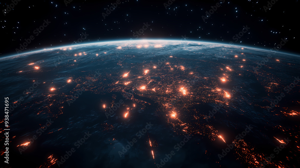 Obraz premium An illustration of Earth viewed from space glowing cities