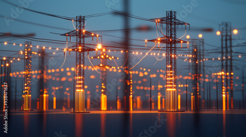 Industrial skyline with towering steel power lines, evening backdrop photo