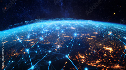 An illustration of  Earth viewed from space with glowing telecoms, telecommunication, and Telecommunications industry