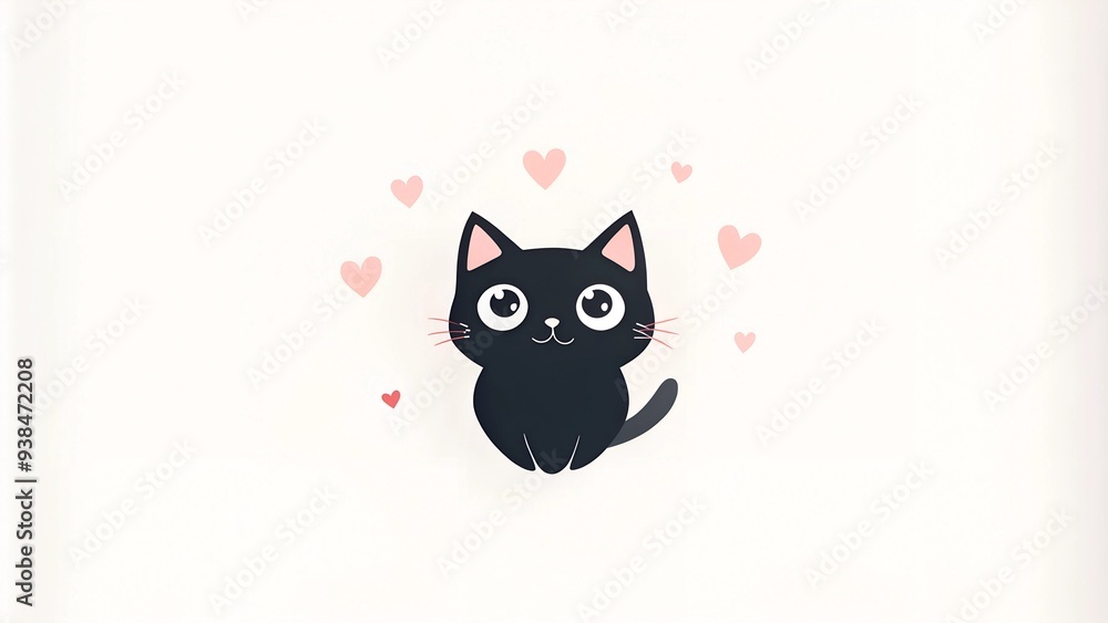 Fototapeta premium Adorable Black Cat with Hearts on White Background, Love Concept