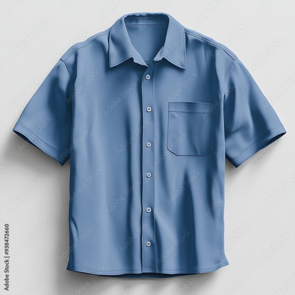 A blue short-sleeved button-up shirt with a single pocket on the left side, laid flat on a white background. A blue short-sleeved button-up shirt with a single pocket on the left side, laid flat on a white background.