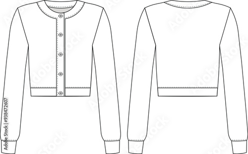 round neck crew neck buttoned long sleeve cardigan sweater knitwear jacket blouse top template technical drawing flat sketch cad mockup fashion woman design style model
