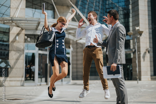 A group of three business colleagues jumping joyfully outside a modern office building, celebrating a successful achievement with enthusiasm and happiness.