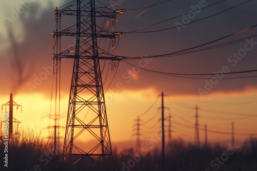 An amazing sunset silhouettes a tall power tower