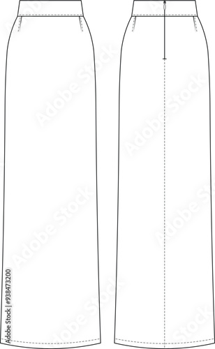 tailored darted zippered long maxi midi a line pencil straight high rise high waist mid rise mid waist skirt template technical drawing flat sketch cad mockup fashion woman design style model 