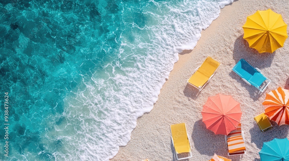 Naklejka premium A beach scene with colorful umbrellas and sun loungers, offering a vibrant and lively summer vibe with ample copy space.