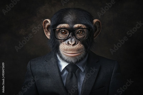 In front of a gray background, a monkey wears glasses and a suit