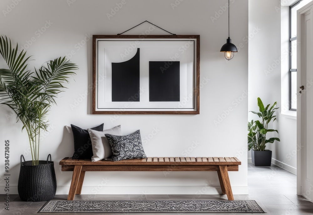 Wooden bench against white wall with poster frame. Ethnic farmhouse interior design of modern entrance hall Wooden bench against white wall with poster frame. Ethnic farmhouse interior design of modern entrance hall