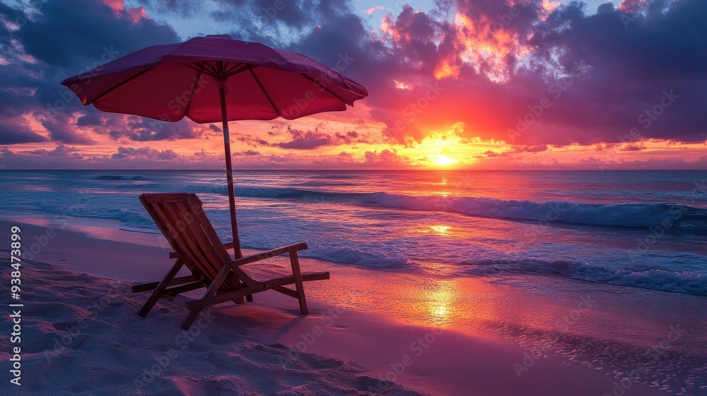 A beach umbrella and lounge chair set up on the sand, facing a stunning sunset over the ocean. A beach umbrella and lounge chair set up on the sand, facing a stunning sunset over the ocean.