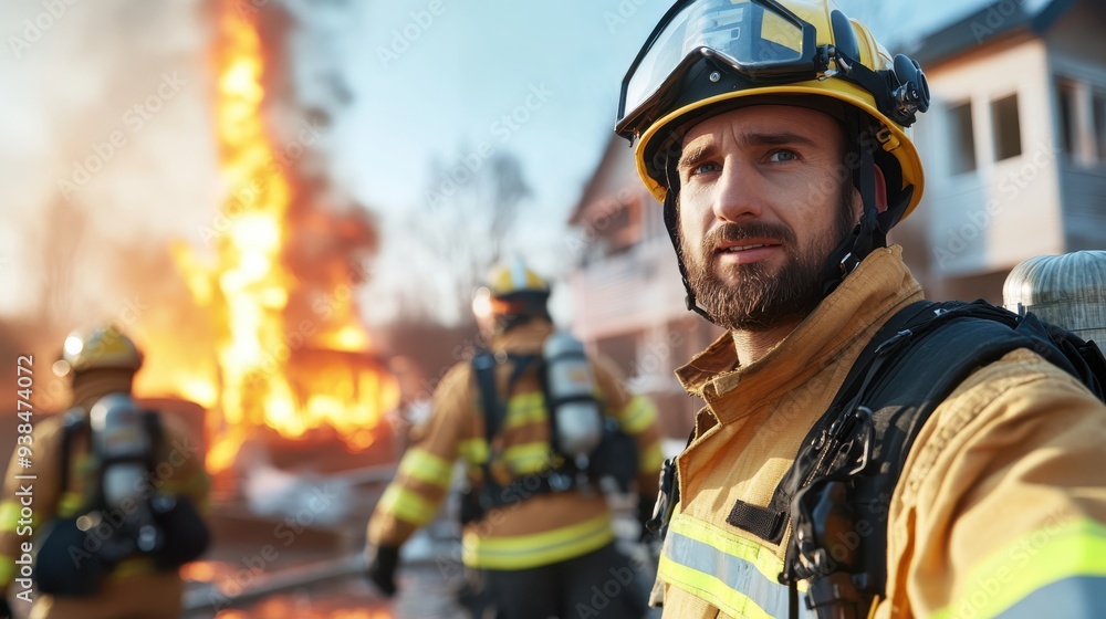 A firefighter in full gear, including helmet and jacket, stands in the foreground with a serious expression while his colleagues combat a large fire in the background of a residential area. A firefighter in full gear, including helmet and jacket, stands in the foreground with a serious expression while his colleagues combat a large fire in the background of a residential area.