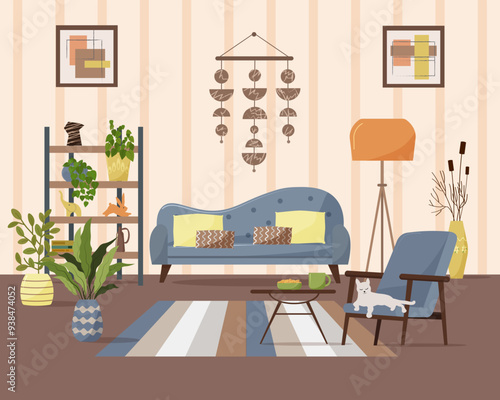 Living room interior with a sofa and a bookcase. A cozy armchair with a cat. A coffee table with a cup and cookies. Potted plants, figurines and vases. An orange floor lamp and a decorative piece on