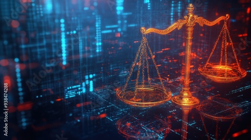 Data-focused legal scales on tech background