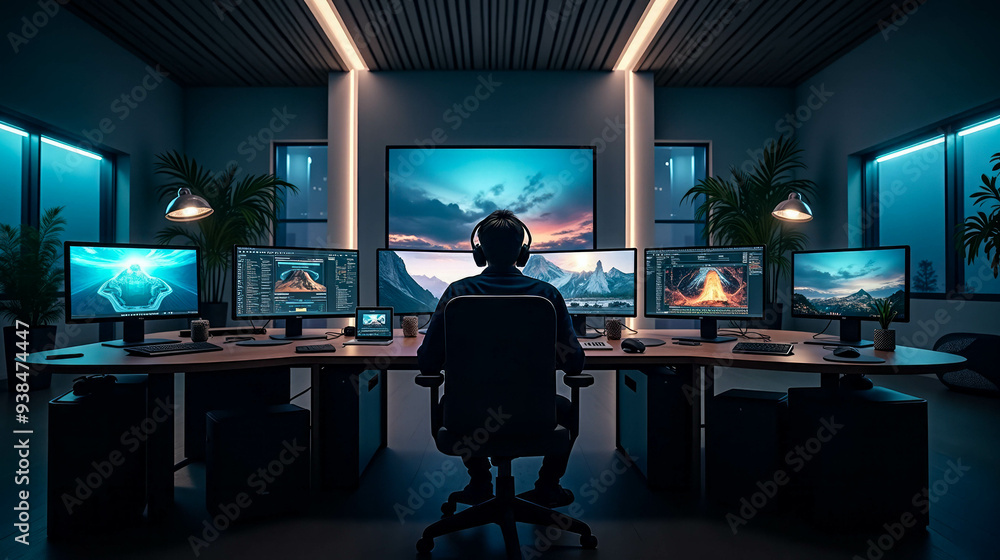 A tech enthusiast sits in a sleek, modern workspace surrounded by multiple computer screens. Each screen showcases captivating landscapes, while ambient lighting enhances the atmosphere at dusk A tech enthusiast sits in a sleek, modern workspace surrounded by multiple computer screens. Each screen showcases captivating landscapes, while ambient lighting enhances the atmosphere at dusk