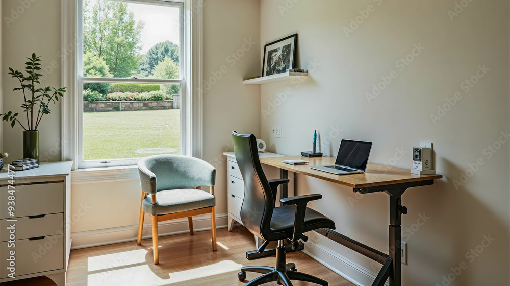 This inviting workspace features a stylish desk and chair positioned near a large window, allowing natural light to illuminate the area. The serene outdoor view adds tranquility This inviting workspace features a stylish desk and chair positioned near a large window, allowing natural light to illuminate the area. The serene outdoor view adds tranquility