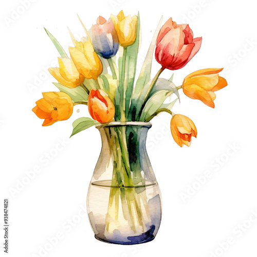 Watercolor Illustration of Vibrant Tulips in a Clear Vase