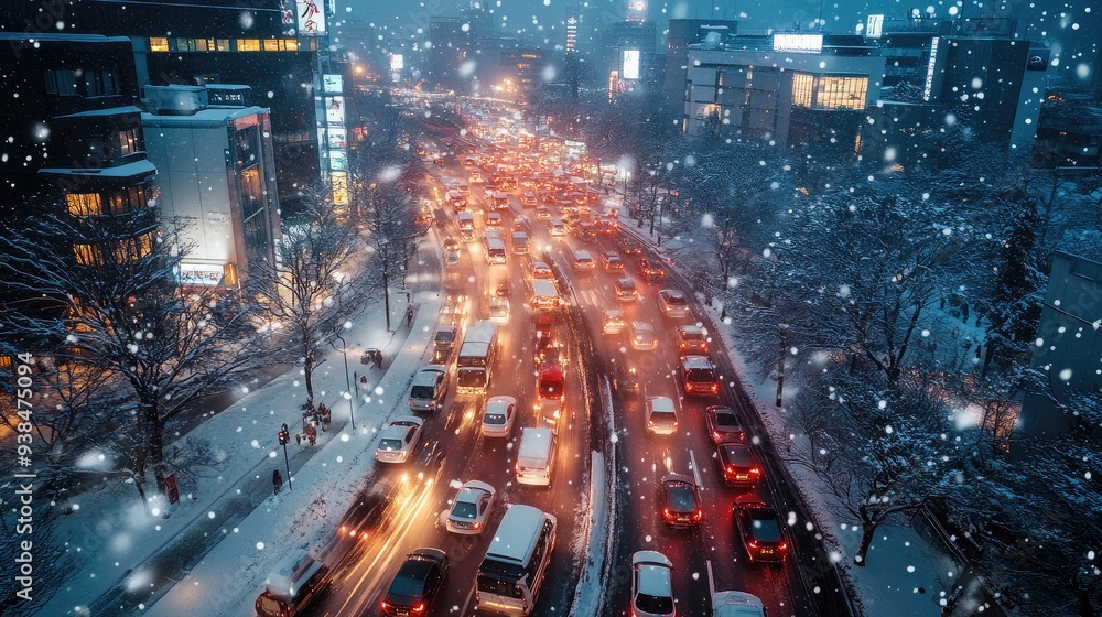 A bird’s-eye view of holiday traffic winding through a snowy city, with the cars creating a stream of lights in the dusk. A bird’s-eye view of holiday traffic winding through a snowy city, with the cars creating a stream of lights in the dusk.