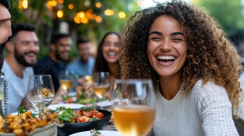 A group of friends share laughter and smiles while enjoying a meal together outdoors. The table is filled with plates of food and glasses of wine, signifying a celebratory time.