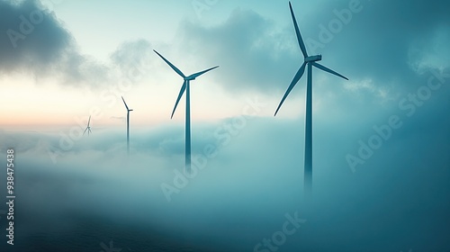 A dramatic shot of wind turbines turning against a cloudy sky, ideal for themes related to renewable energy and sustainability with ample room for messaging. photo