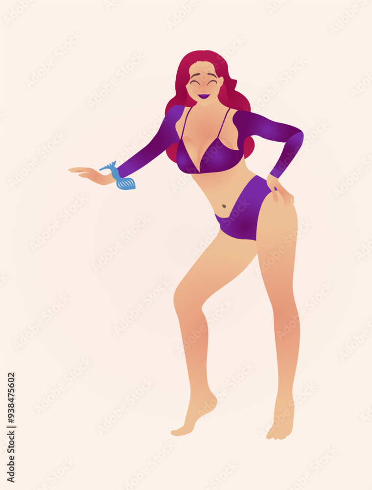 Cheerful Woman in Purple Bikini Leaning Forward in a Playful Pose Cheerful Woman in Purple Bikini Leaning Forward in a Playful Pose
