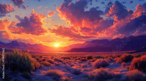 A dramatic sunset over the California desert with fiery colors painting the sky and casting long shadows over the rugged landscape.