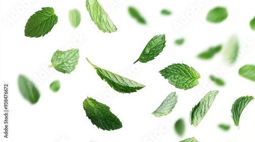 Fresh green mint leaves falling and floating in the air against a clean white background.