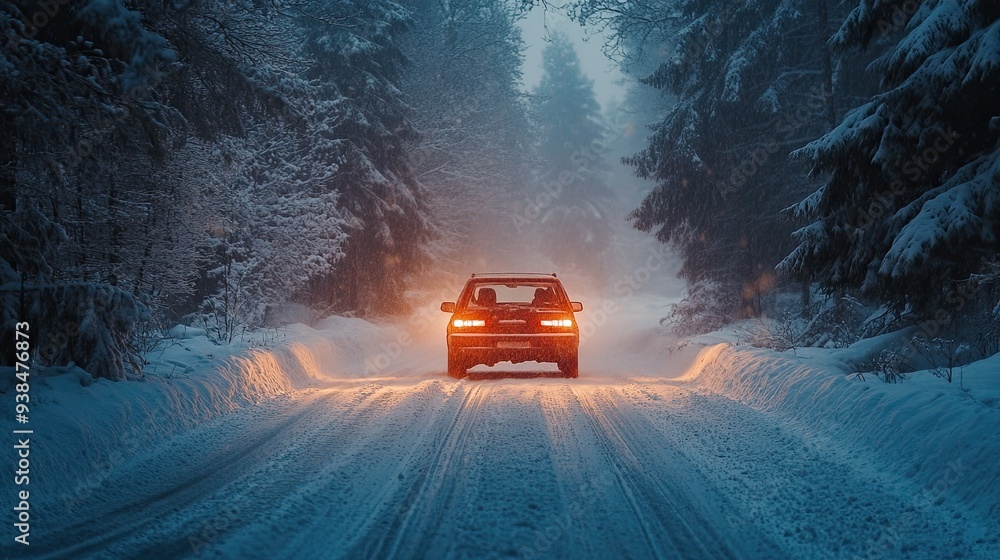 A family car driving through a snowy forest, the road covered in fresh snow and the windows fogged up with warmth inside. A family car driving through a snowy forest, the road covered in fresh snow and the windows fogged up with warmth inside.